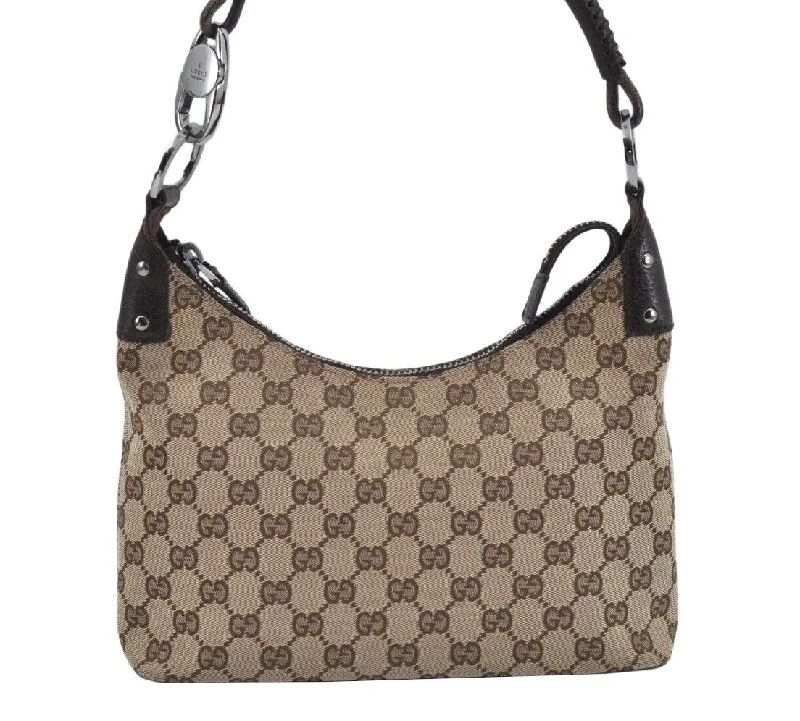 Ladies Gucci shoulder bags with a wide - width strapAuthentic GUCCI Shoulder Bag GG Canvas Leather Brown L0263