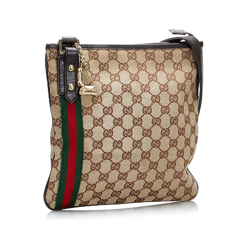 Women Gucci Sylvie bags with a crystal - embellished web stripeGucci GG Canvas Jolicoeur Crossbody (SHG-0Pg20f)