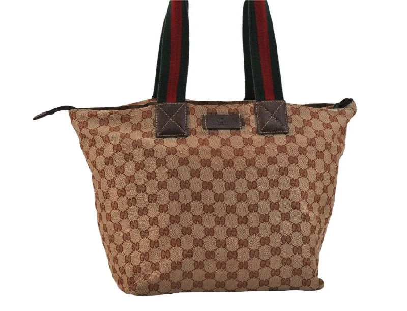 Women Gucci Sylvie bags with a crystal - embellished web stripeAuthentic GUCCI Web Sherry Line Tote Bag GG Nylon Leather 131231 Brown 3561K