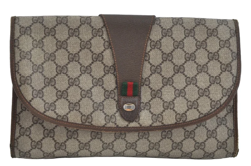 Gucci handbags for women with a beaded trimAuthentic GUCCI Web Sherry Line GG Clutch Bag PVC Leather Brown L0279