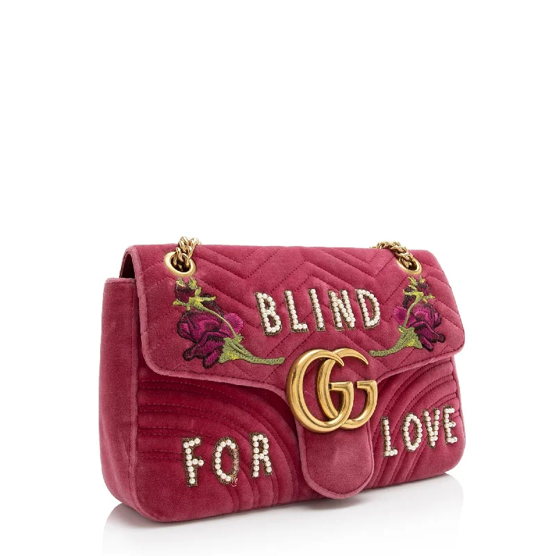 Women Gucci bags with a zippered interior pocketGucci Matelasse Velvet Embroidered Blind for Love GG Marmont Medium Shoulder Bag - FINAL SALE (SHF-23780)