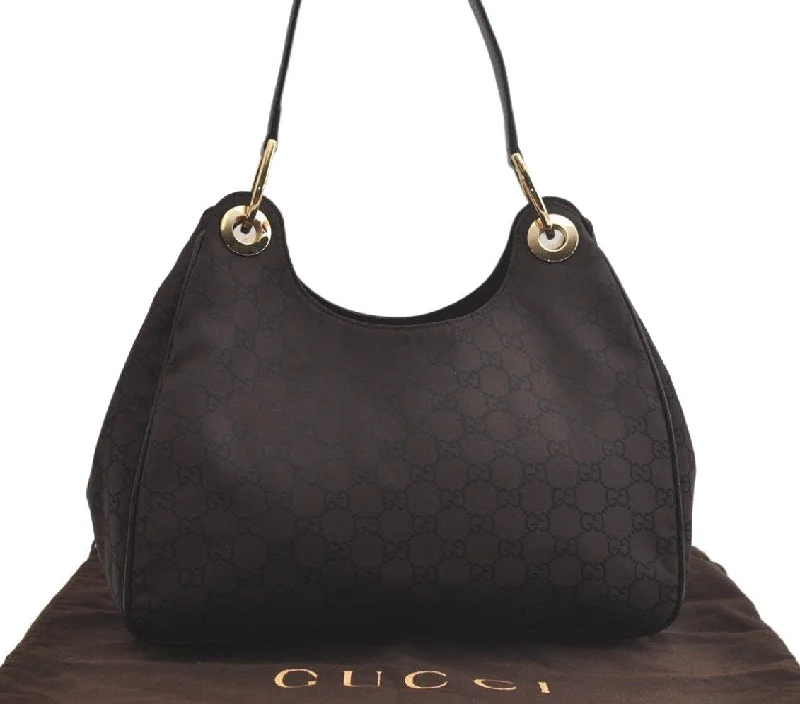 Women Gucci bags with a zippered interior pocketAuthentic GUCCI Shoulder Hand Bag Purse GG Nylon Leather 257265 Brown  3852K