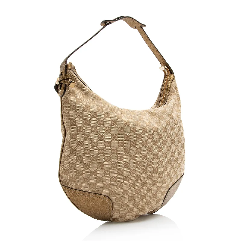 Women Gucci tote bags in GG Supreme canvas for a branded feelGucci GG Canvas Metallic Leather Princy Large Hobo (SHF-23778)