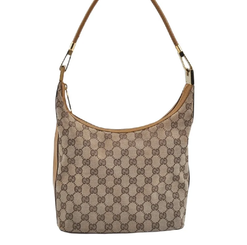 Women Gucci bags with a chain - link trim and a leather bodyAuthentic GUCCI Shoulder Bag GG Canvas Leather Brown L0246