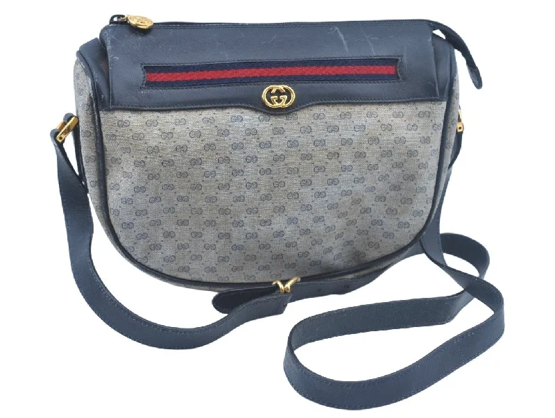 Women Gucci backpacks with a luxurious leather finishAuth GUCCI Micro GG Sherry Line PVC Leather Shoulder Cross Body Bag Navy L0207