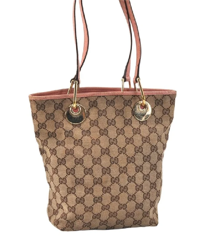 Gucci tote bags for women with a double - handle designAuthentic GUCCI Eclipse Shoulder Tote Bag GG Canvas Leather 120840 Brown 3547K