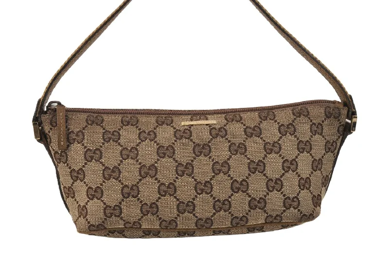 Women Gucci Sylvie bags with a leather - wrapped handleAuthentic GUCCI Sherry Line Hand Bag Pouch GG Canvas Leather 141809 Brown 3553K