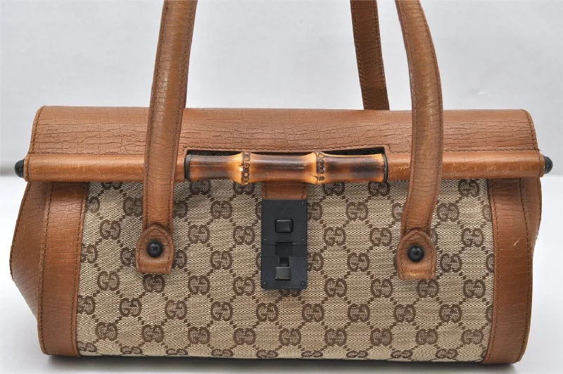 Women Gucci crossbody bags with a keychain holderAuthentic GUCCI Bamboo Hand Shoulder Bag GG Canvas Leather 111713 Brown 3713K