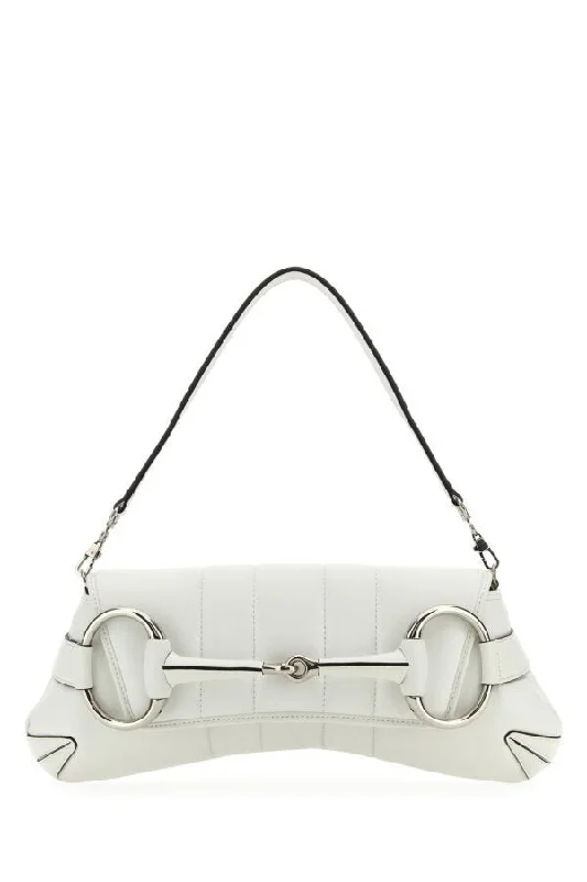 Ladies Gucci shoulder bags with a single - handle designGucci Women White Leather Medium Gucci Horsebit Chain Clutch