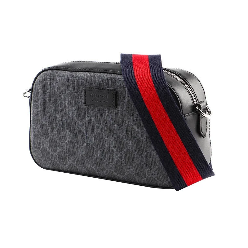 Women Gucci bags with a front - flap pocket for quick - access itemsMen's GUCCI Logo Stripe Webbing Leather Logo Canvas Shoulder Messenger Bag Small Black Gray Classic 'Black Grey' 574886-K5RLN-1095