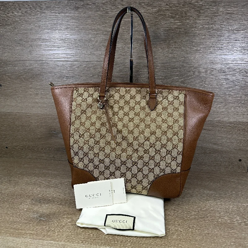 Women Gucci crossbody bags with a woven leather strapGucci Monogram Medium Bree Zippered Tote - Beige