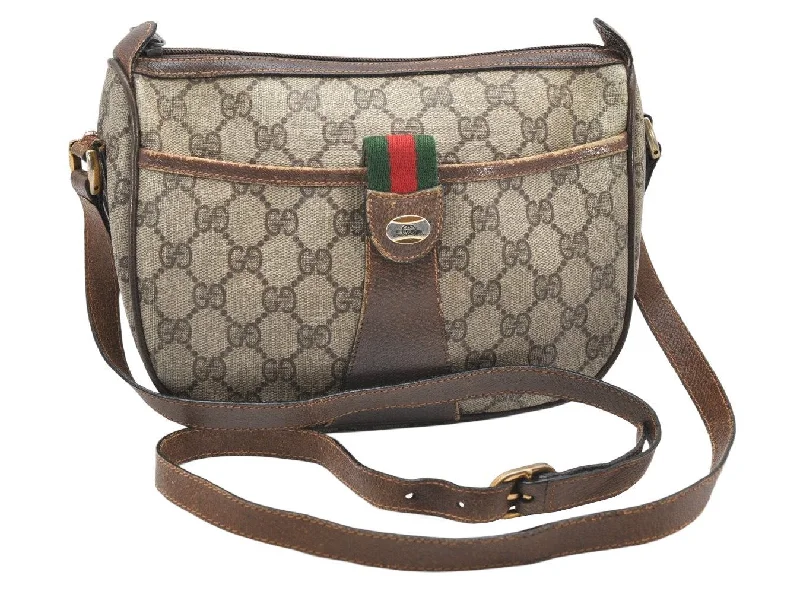 Gucci backpacks for women with a padded laptop compartmentAuthentic GUCCI Web Sherry Line Shoulder Cross Bag GG PVC Leather Brown 3831K